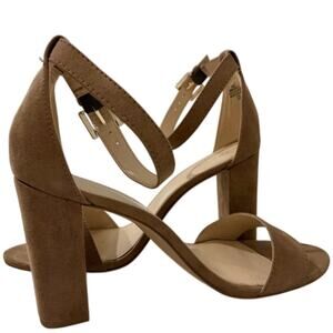 Nine West Pruce Tan Suede Block Heel Ankle Strap Sandals Size 9.5 M EUC